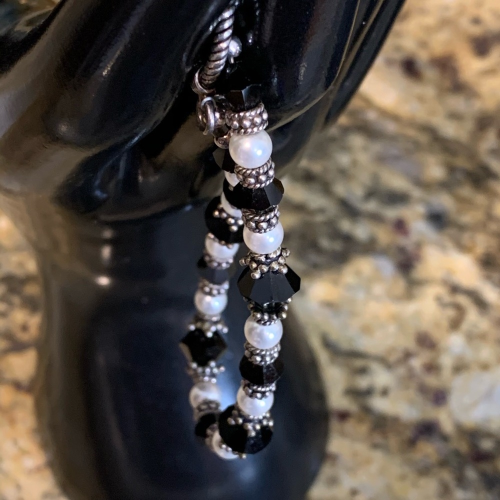 Sterling Silver Faux Pearl and Black Bead Bracelet